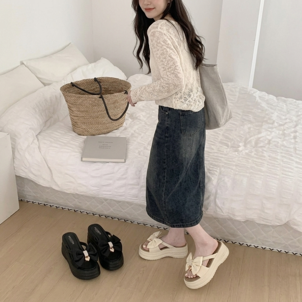 ​蝴蝶結 拖鞋 女 夏 厚底 涼鞋 增高 顯瘦 法式 氣質 甜美 風 水鑽 一字領 坡跟 涼拖鞋 外穿 韓版 663-細節圖6
