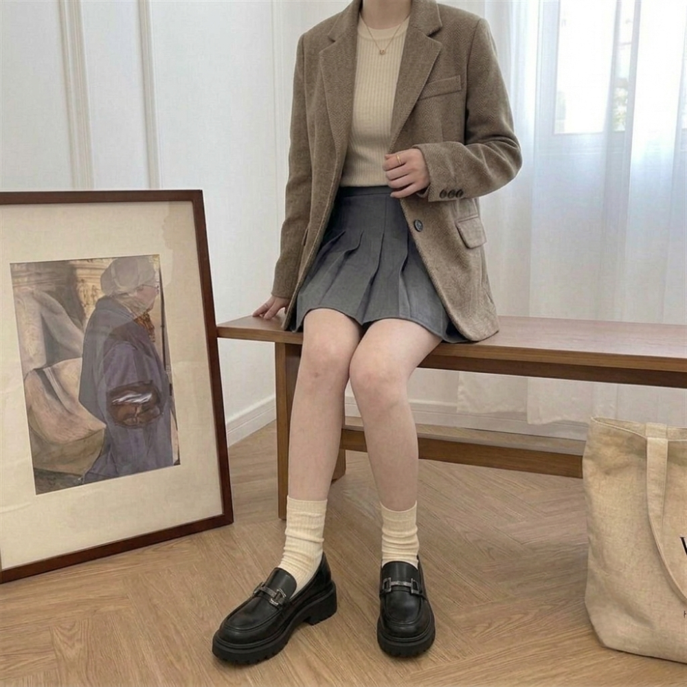 ​厚底樂福鞋 女 英倫風 小皮鞋 金屬扣 增高 顯瘦 黑色 粗跟 圓頭 瑪莉珍鞋 JK 制服鞋 韓版 學院風 1283-細節圖5