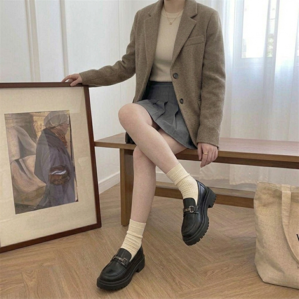 ​厚底樂福鞋 女 英倫風 小皮鞋 金屬扣 增高 顯瘦 黑色 粗跟 圓頭 瑪莉珍鞋 JK 制服鞋 韓版 學院風 1283-細節圖7