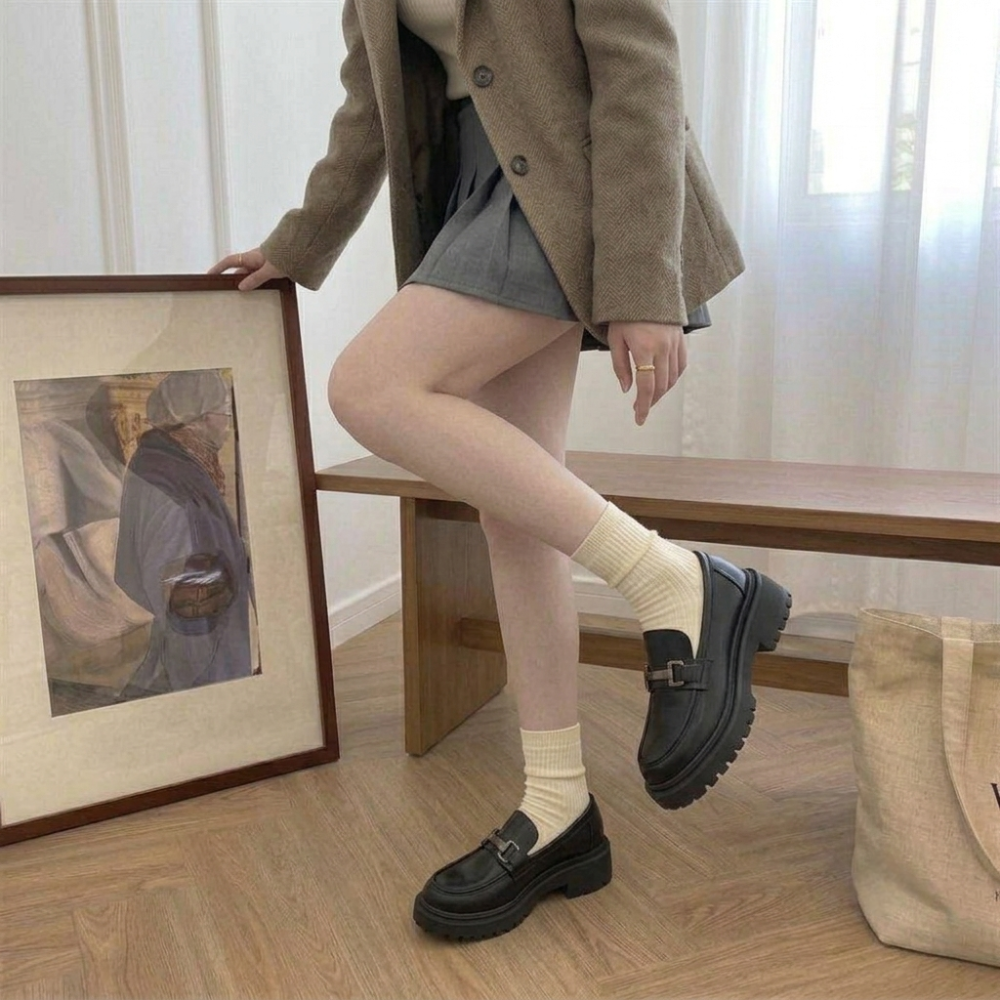 ​厚底樂福鞋 女 英倫風 小皮鞋 金屬扣 增高 顯瘦 黑色 粗跟 圓頭 瑪莉珍鞋 JK 制服鞋 韓版 學院風 1283-細節圖8