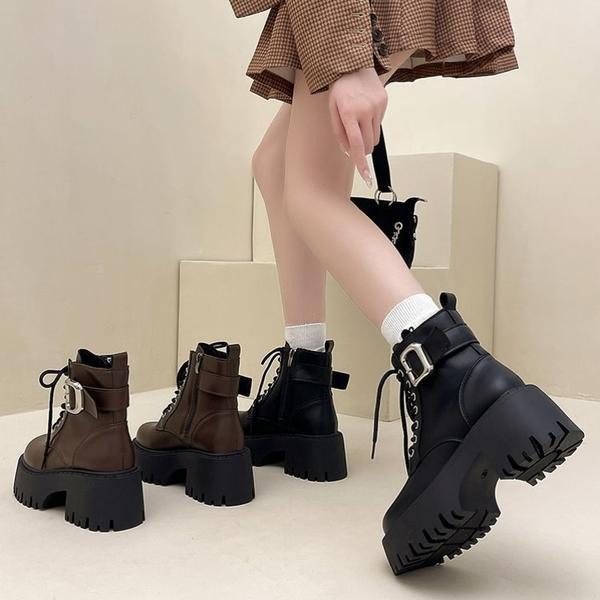 韓國同款 女款厚底馬丁靴 綁帶短靴 粗跟增高女靴 側拉鍊皮靴 軍靴 騎士靴 黑色棕色 秋冬短筒靴 G5627-細節圖5