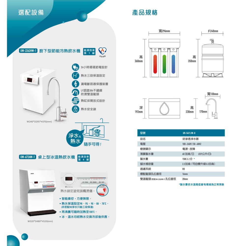 【賀眾牌】UW-2262HW-1廚下型節能冷熱飲水機加熱器+UR-5401JW-1廚下型快拆式逆滲透淨水器 2262-細節圖3