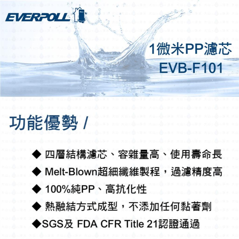 【EVERPOLL】EVB-F101 F101 10吋 1微米PP 1MPP  濾芯 濾心 標準 50入 大山淨水-細節圖2