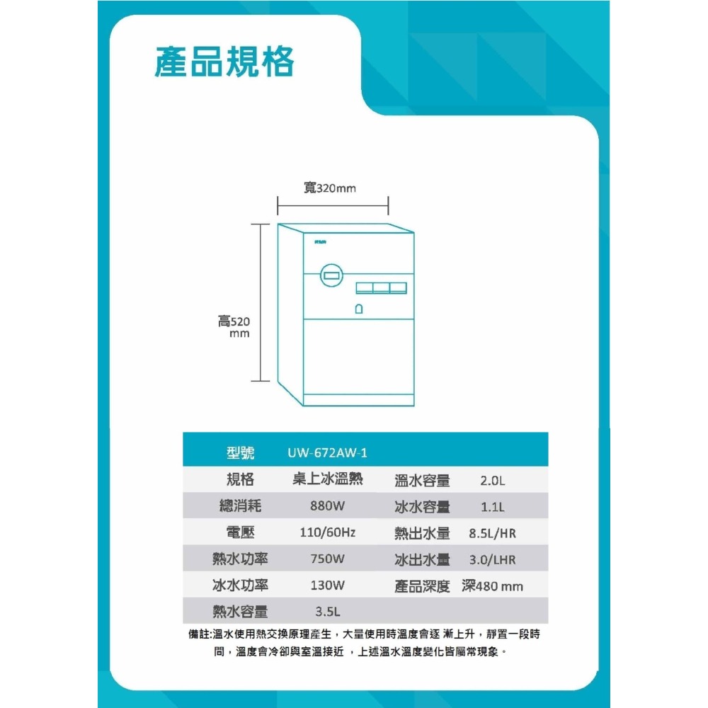 【賀眾牌】UW-672AW-1 672AW 微電腦冰溫熱桌上補水機 需搭配淨水器方能使用 贈禮券300 大山淨水-細節圖7