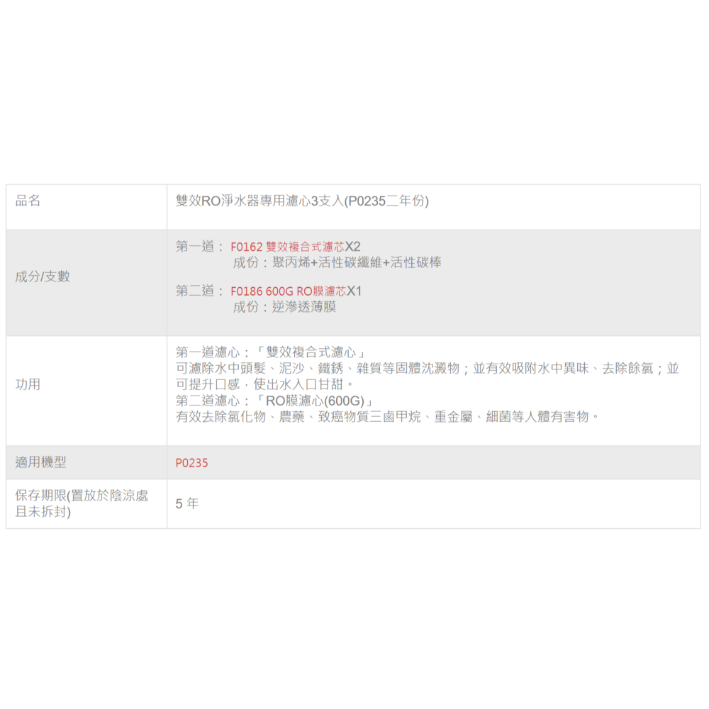 【櫻花 SAKURA】P0235 雙效RO淨水器濾心5支入 F2196-細節圖2