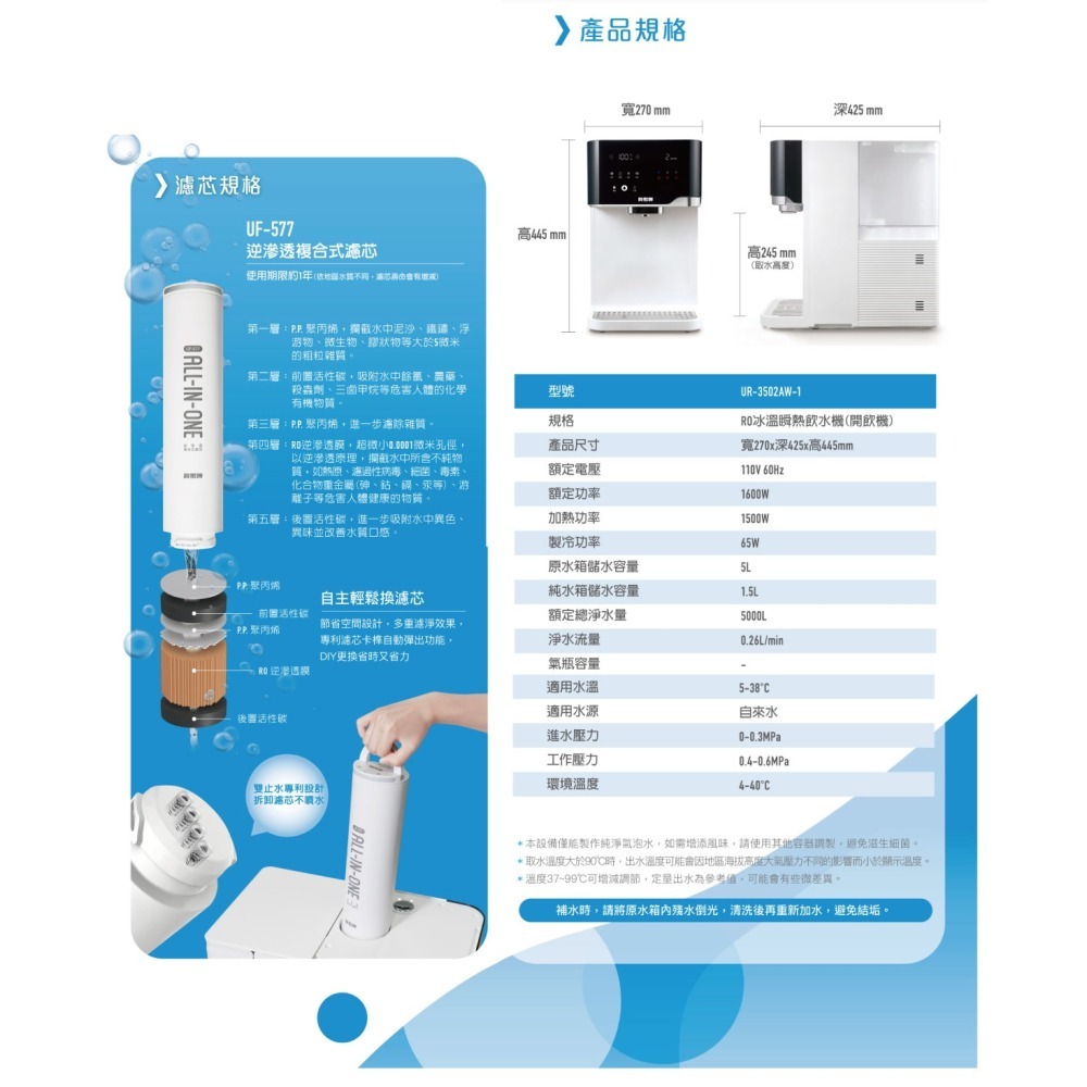 【賀眾牌】】UR- 3502 AW-1 沁涼極淨冰熱飲水機 3502 瞬熱型 冰溫熱 桌上型 飲水機 大山淨水-細節圖4