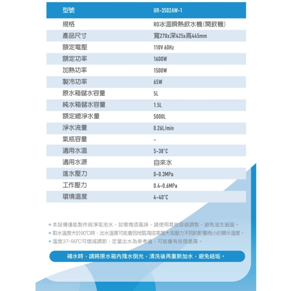 【賀眾牌】】UR- 3502 AW-1 沁涼極淨冰熱飲水機 3502 瞬熱型 冰溫熱 桌上型 飲水機 大山淨水-細節圖8