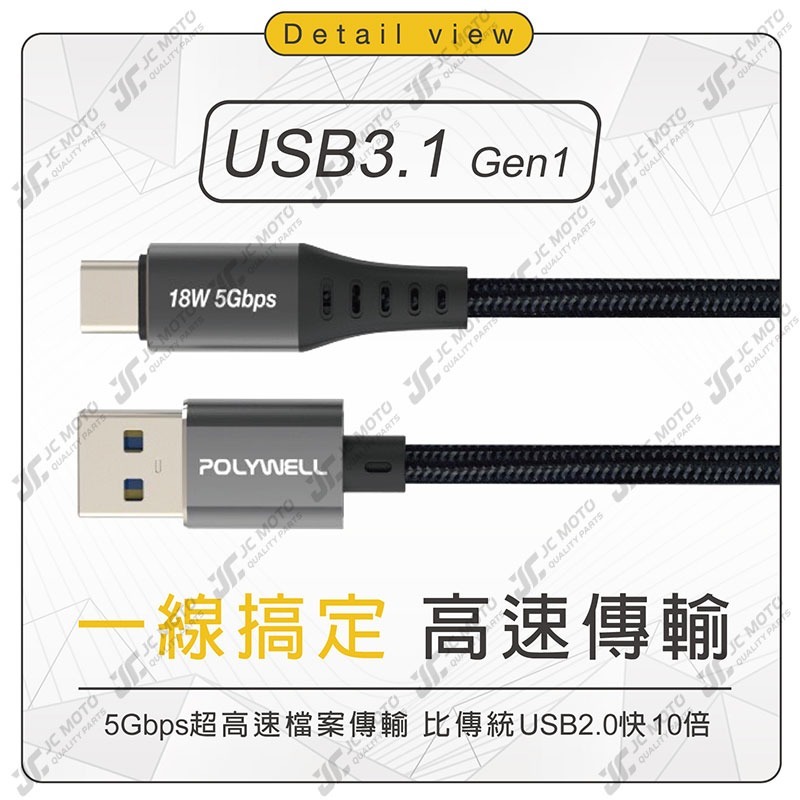 【JC-MOTO】 POLYWELL 充電線 USB3.1 Type-C對A 3A 高速充電線 5Gbps 18W 安卓-細節圖4
