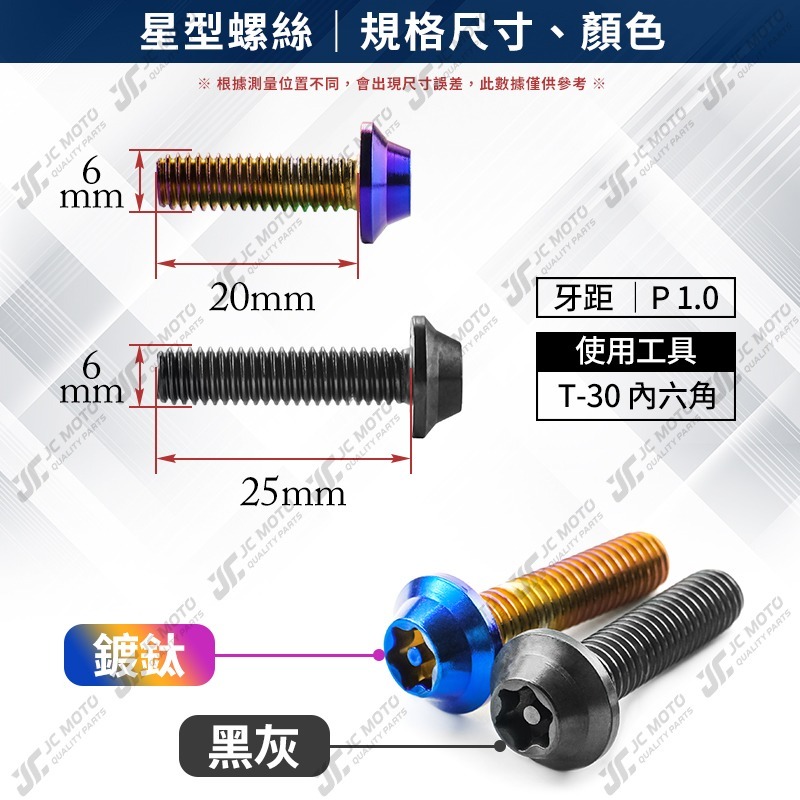 【JC-MOTO】 鍍鈦螺絲 星型 車牌螺絲 鍍黑 防盜 機車 梅花六角 白鐵 M6 P1.0 2入組-細節圖3