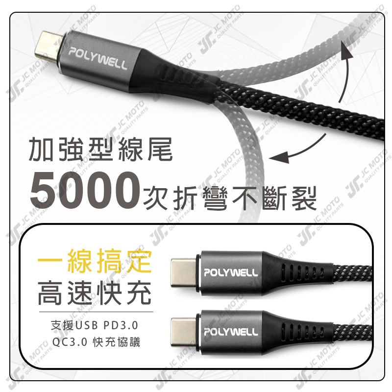 【JC-MOTO】 POLYWELL USB3.1 Type-C 3A 0.5~3米 高速傳輸充電線 5Gbps 60W-細節圖6