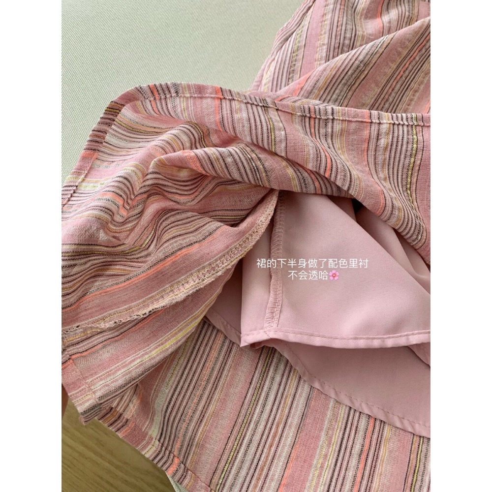 ［KQ］平價區CA006029-粉色輕薄透氣條紋裙無袖通勤百搭設計感連衣裙-細節圖3
