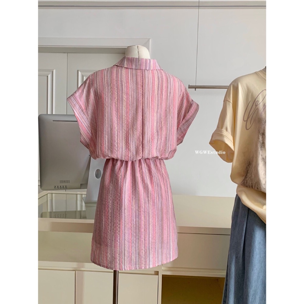 ［KQ］平價區CA006029-粉色輕薄透氣條紋裙無袖通勤百搭設計感連衣裙-細節圖5