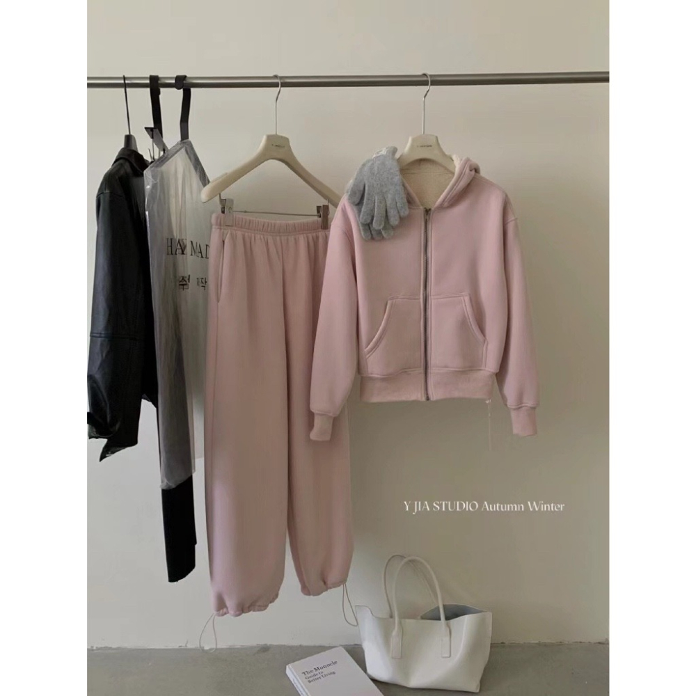 【유나】平價區CA00011201-系加絨連帽外套+高腰寬鬆衛褲套裝-細節圖2