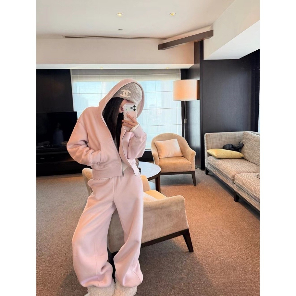 【유나】平價區CA00011201-系加絨連帽外套+高腰寬鬆衛褲套裝-細節圖4