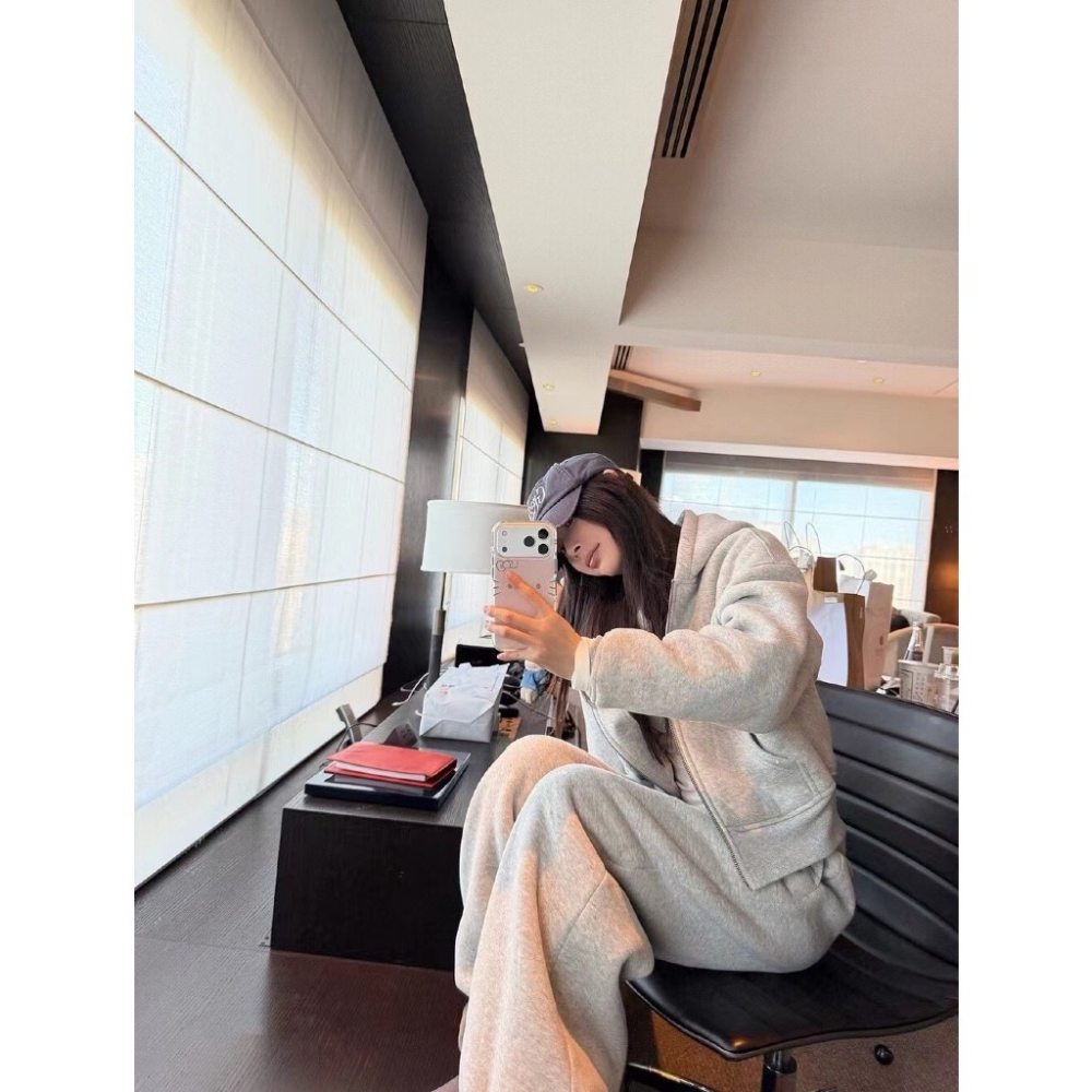 【유나】平價區CA00011201-系加絨連帽外套+高腰寬鬆衛褲套裝-細節圖5