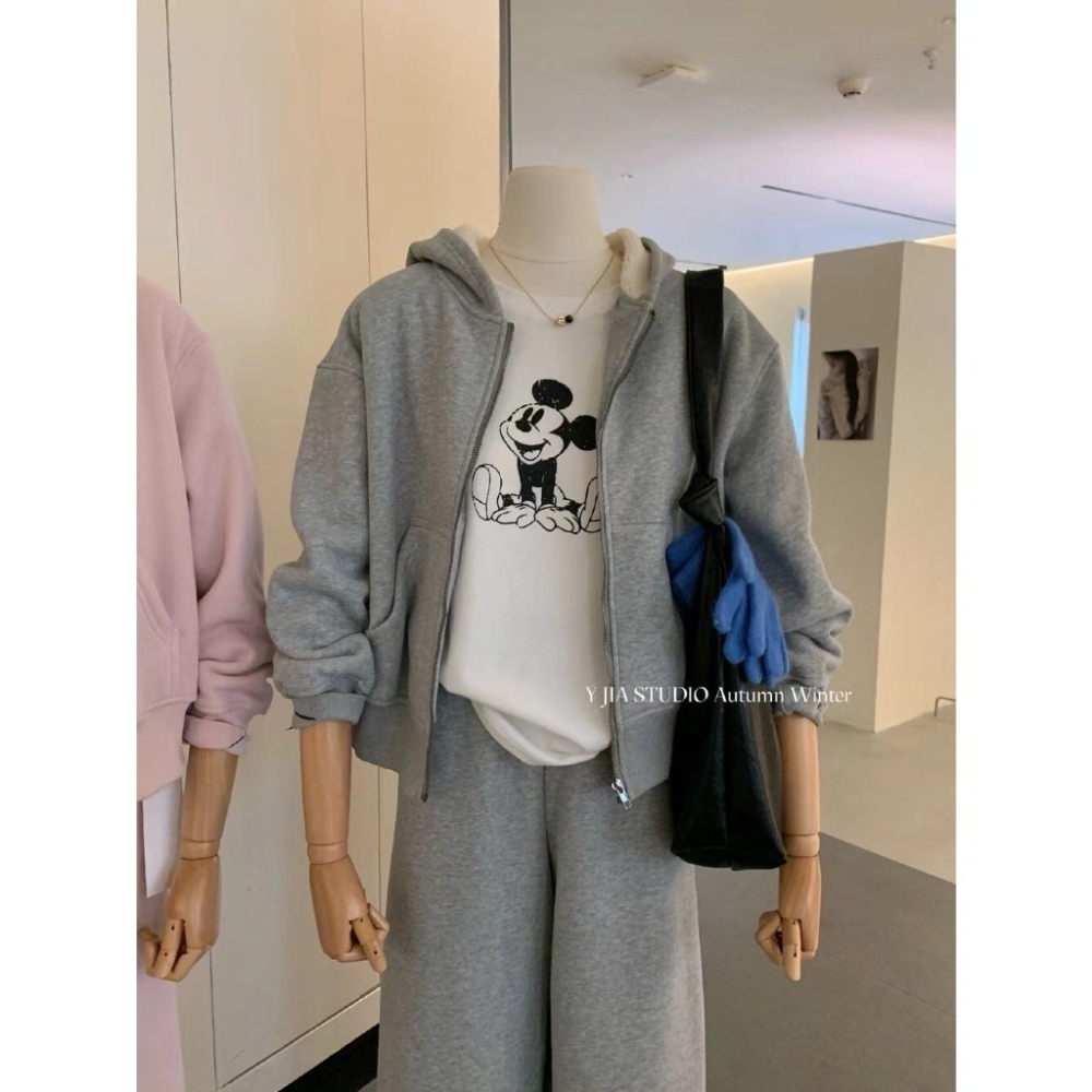 【유나】平價區CA00011201-系加絨連帽外套+高腰寬鬆衛褲套裝-細節圖7