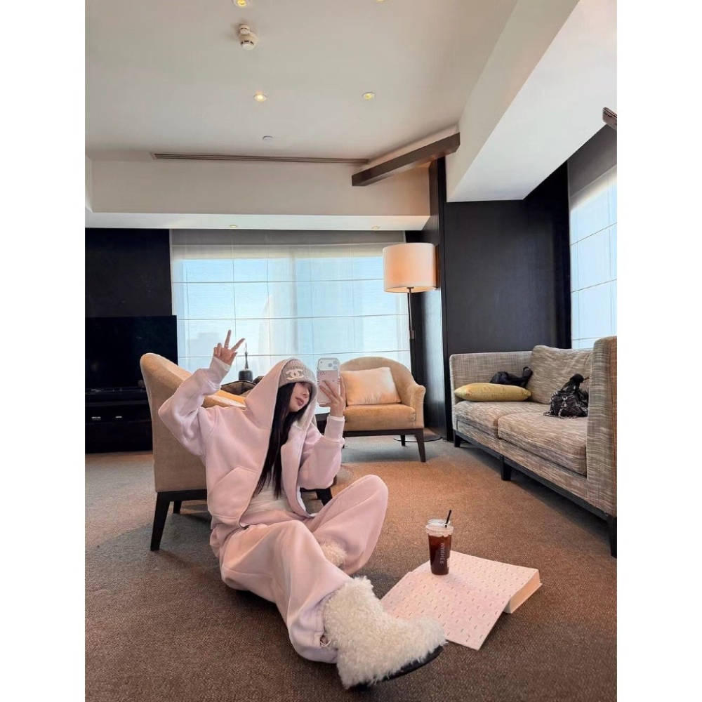 【유나】平價區CA00011201-系加絨連帽外套+高腰寬鬆衛褲套裝-細節圖8