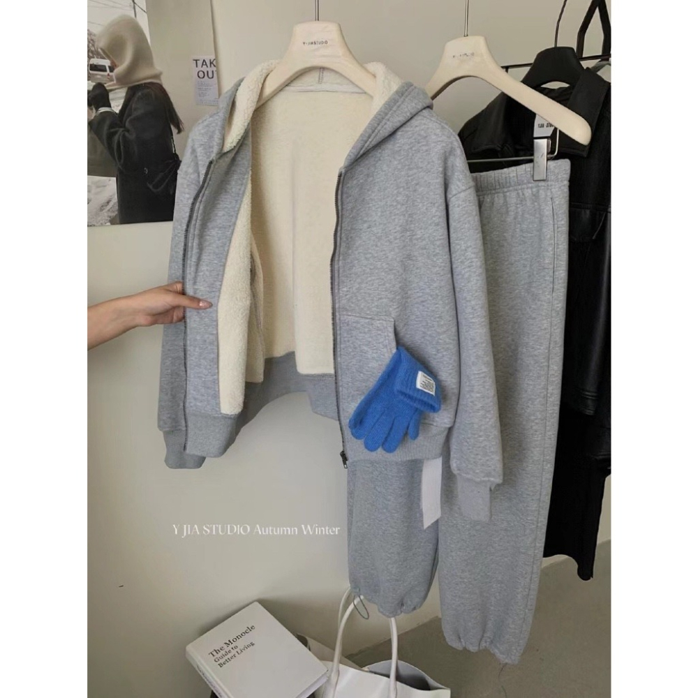 【유나】平價區CA00011201-系加絨連帽外套+高腰寬鬆衛褲套裝-細節圖9