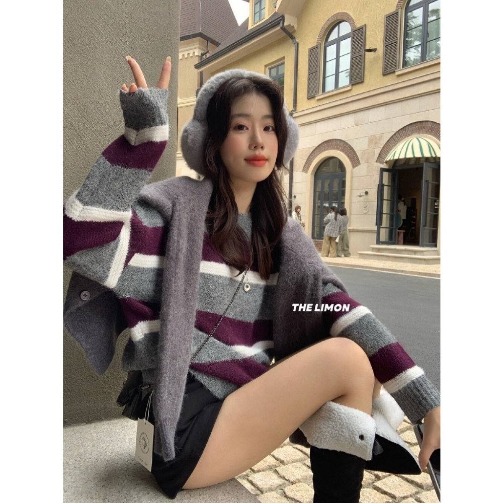 【유나】平價區TW00011101-冬日序曲～撞色條紋圓領毛衣（8%）-細節圖2