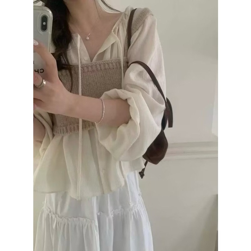 【YUNA유나】平價區TW000148-獨家～仙氣細摺壓紋縮腰綁帶襯衫-細節圖3