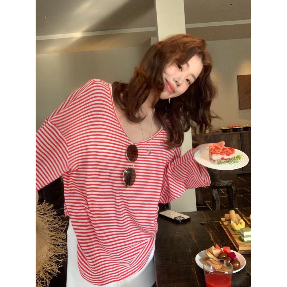 【유나】平價區CA00010316-輕薄圓領經典條紋防曬長袖-細節圖2