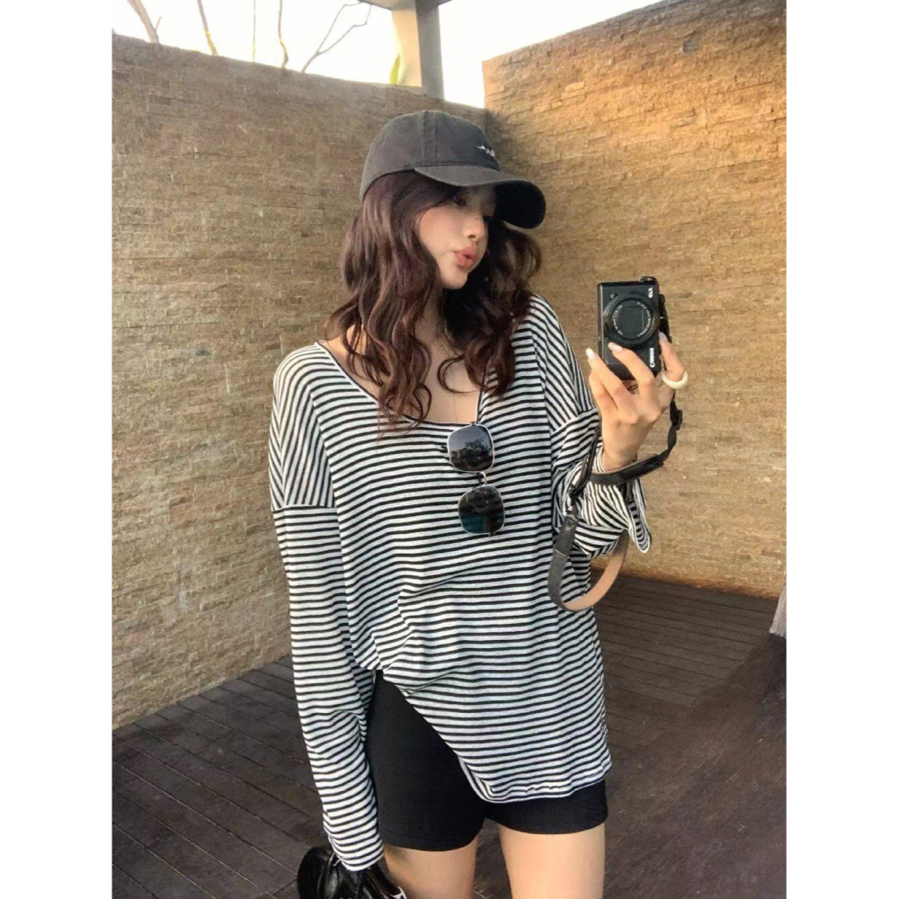 【유나】平價區CA00010316-輕薄圓領經典條紋防曬長袖-細節圖4