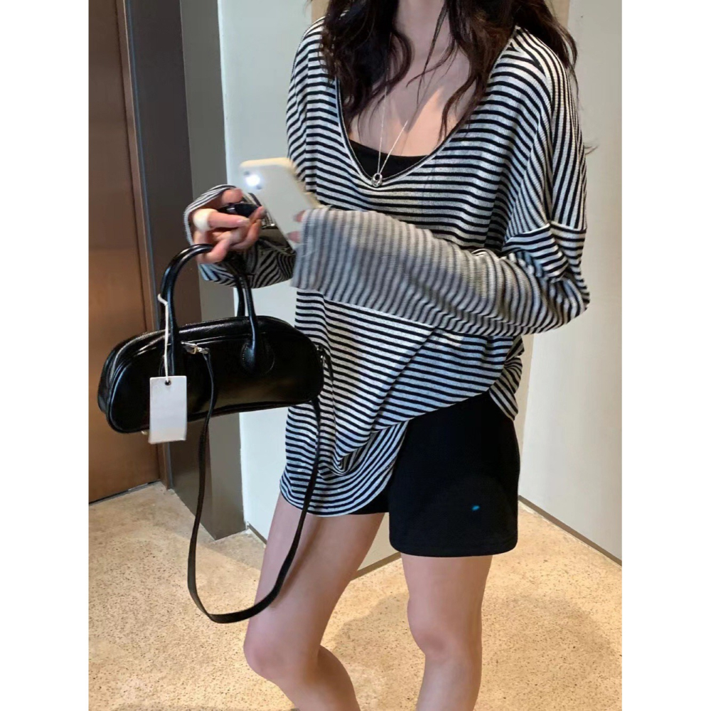 【유나】平價區CA00010316-輕薄圓領經典條紋防曬長袖-細節圖5