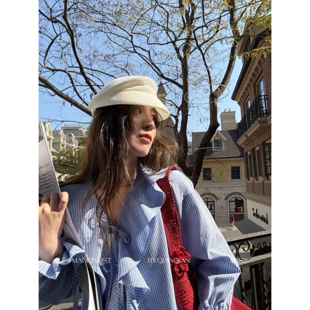 【유나】平價區CA00010316-慵懶法式荷葉邊條紋綁帶小衫-細節圖2