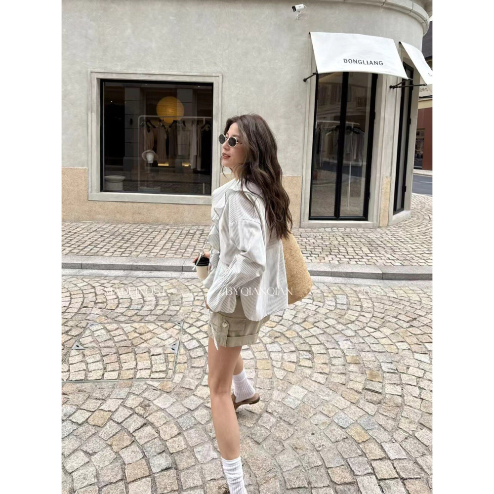 【유나】平價區CA00010316-慵懶法式荷葉邊條紋綁帶小衫-細節圖5