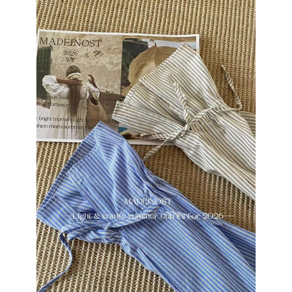 【유나】平價區CA00010316-慵懶法式荷葉邊條紋綁帶小衫-細節圖6