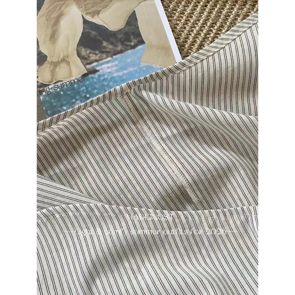 【유나】平價區CA00010316-慵懶法式荷葉邊條紋綁帶小衫-細節圖7