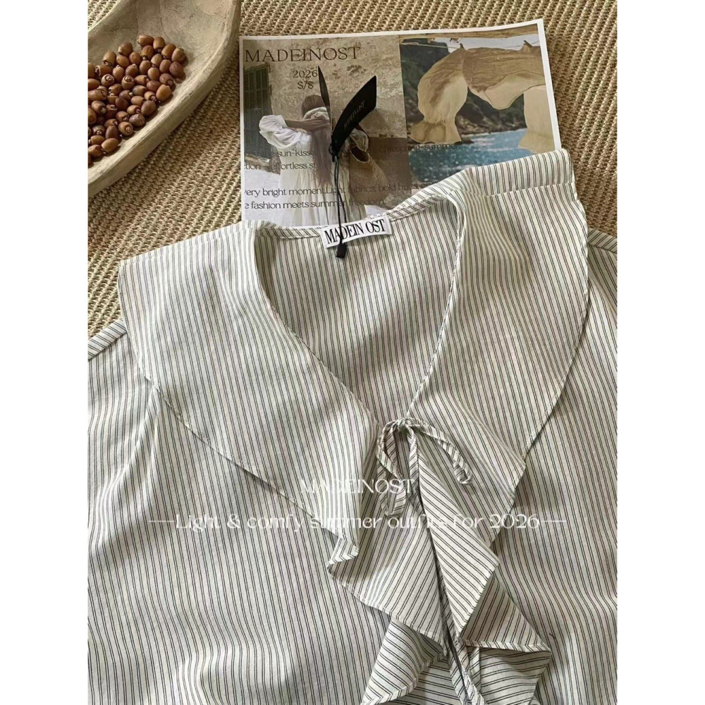 【유나】平價區CA00010316-慵懶法式荷葉邊條紋綁帶小衫-細節圖8