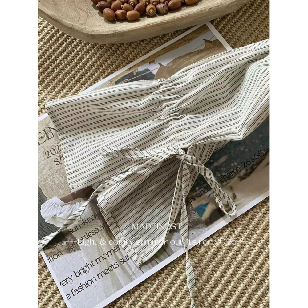 【유나】平價區CA00010316-慵懶法式荷葉邊條紋綁帶小衫-細節圖9