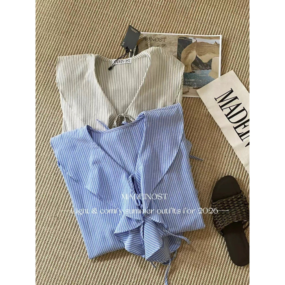 【유나】平價區CA00010316-慵懶法式荷葉邊條紋綁帶小衫-細節圖10