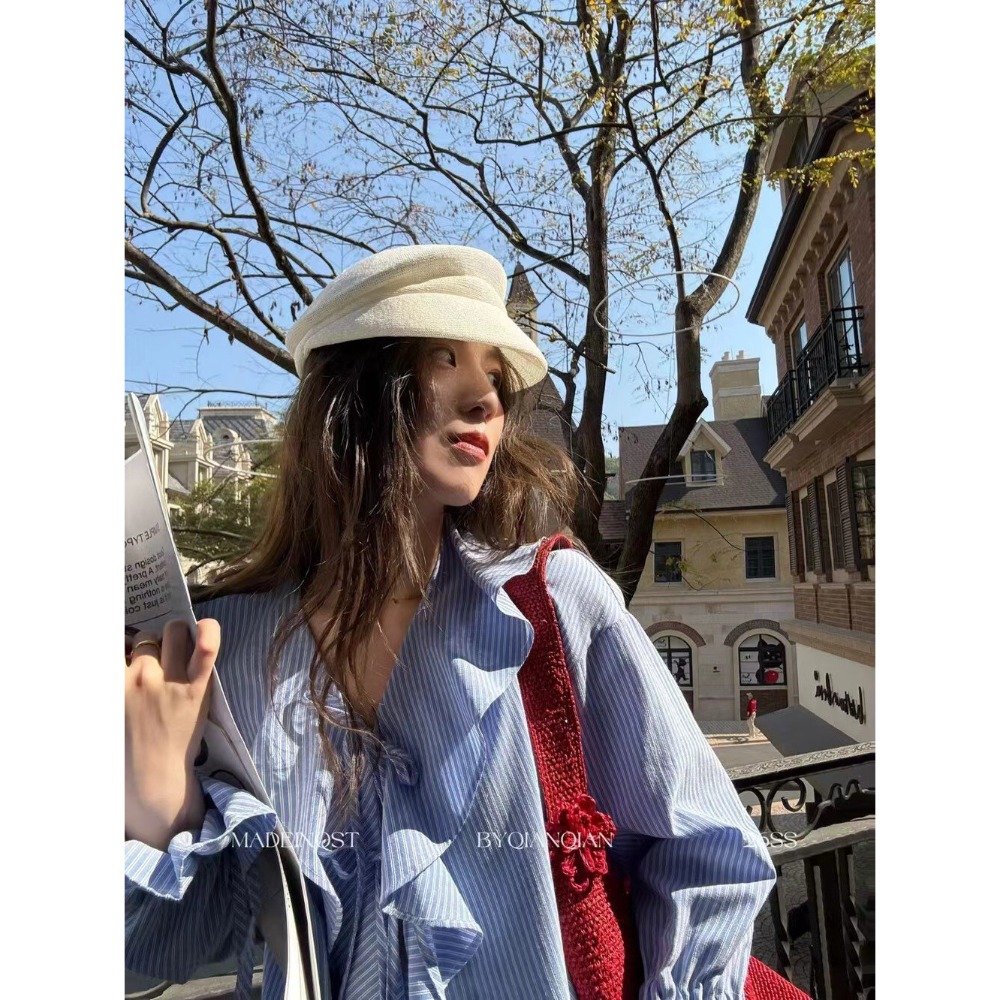 【유나】平價區CA00010316-慵懶法式荷葉邊條紋綁帶小衫-規格圖10