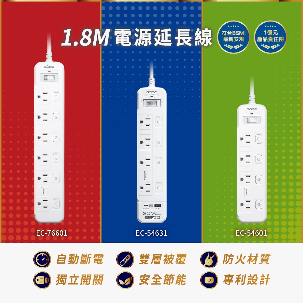 Abee 快譯通 1.8M 電源延長線 5開4座+USB+Type-C  PD 30W(EC-54631)-細節圖2