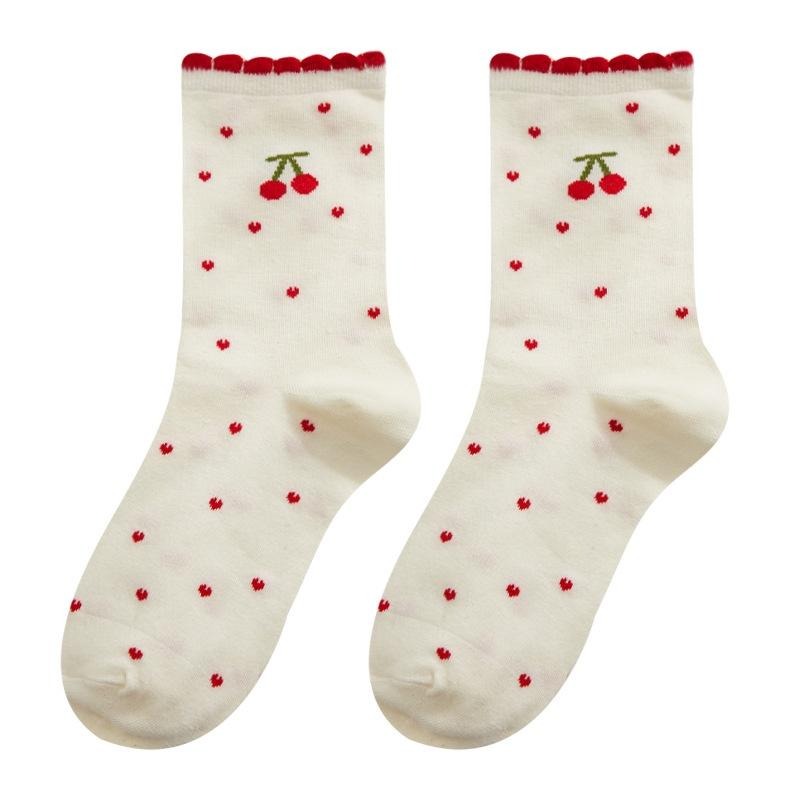哈囉襪底家 台灣現貨 春遊野餐風 童趣可愛日系棉襪 鴨鴨熊熊愛心圖案 櫻桃愛心點點女中筒襪花邊襪子 春夏薄款ins潮網紅-細節圖3