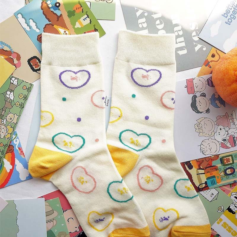 哈囉襪底家 台灣現貨 春遊野餐風 童趣可愛日系棉襪 鴨鴨熊熊愛心圖案 櫻桃愛心點點女中筒襪花邊襪子 春夏薄款ins潮網紅-細節圖4