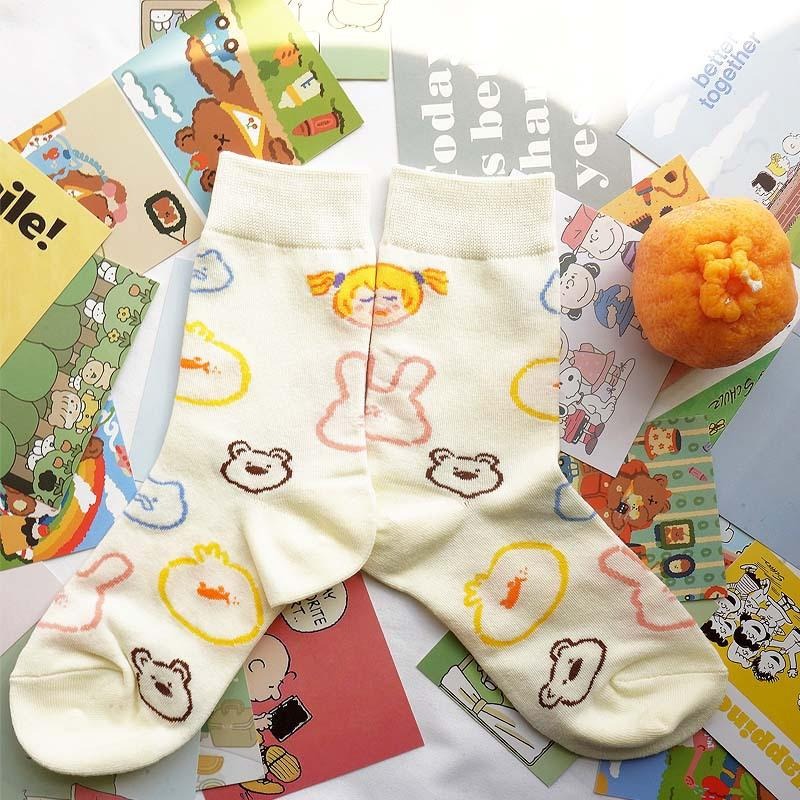 哈囉襪底家 台灣現貨 春遊野餐風 童趣可愛日系棉襪 鴨鴨熊熊愛心圖案 櫻桃愛心點點女中筒襪花邊襪子 春夏薄款ins潮網紅-細節圖5