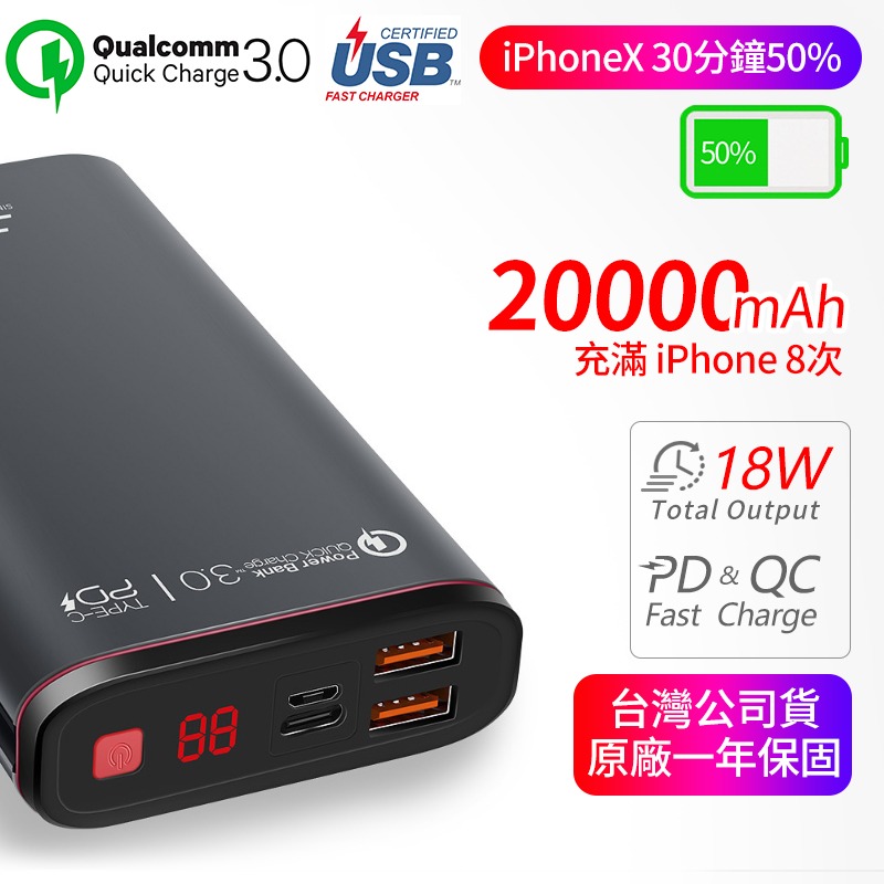 台灣現貨 【PD+QC3.0 20000mAh 行動電源】支援18W 行動充 支援iPhone11 Type-C雙向快充-細節圖4