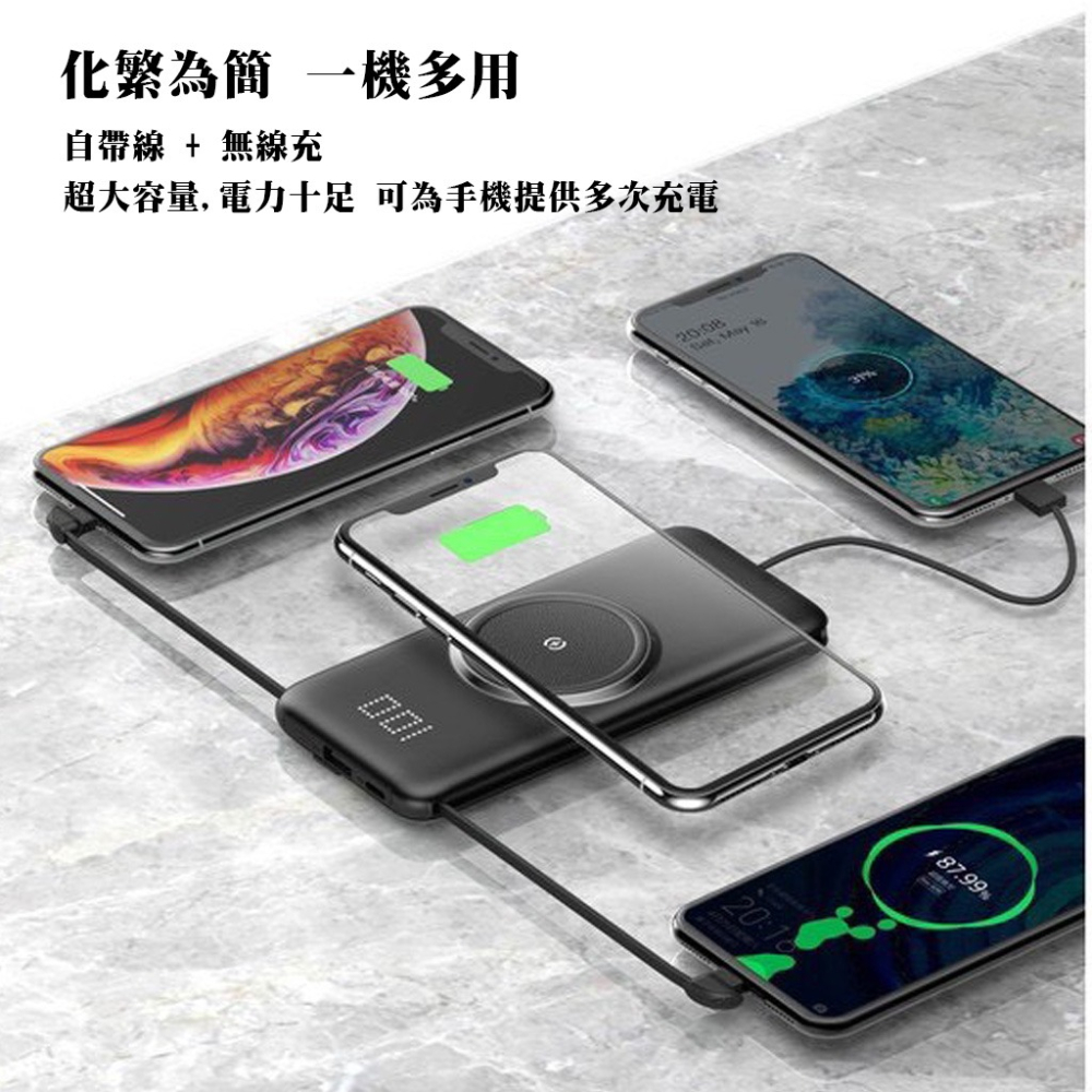 無線充電行動電源 自帶線 超輕薄 無線充電 液晶 行動電源 10000mAh 自帶 iphone充電線 安卓充電線USB-細節圖5