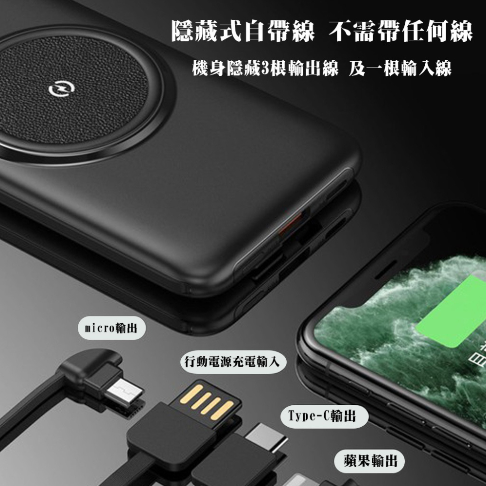 無線充電行動電源 自帶線 超輕薄 無線充電 液晶 行動電源 10000mAh 自帶 iphone充電線 安卓充電線USB-細節圖6