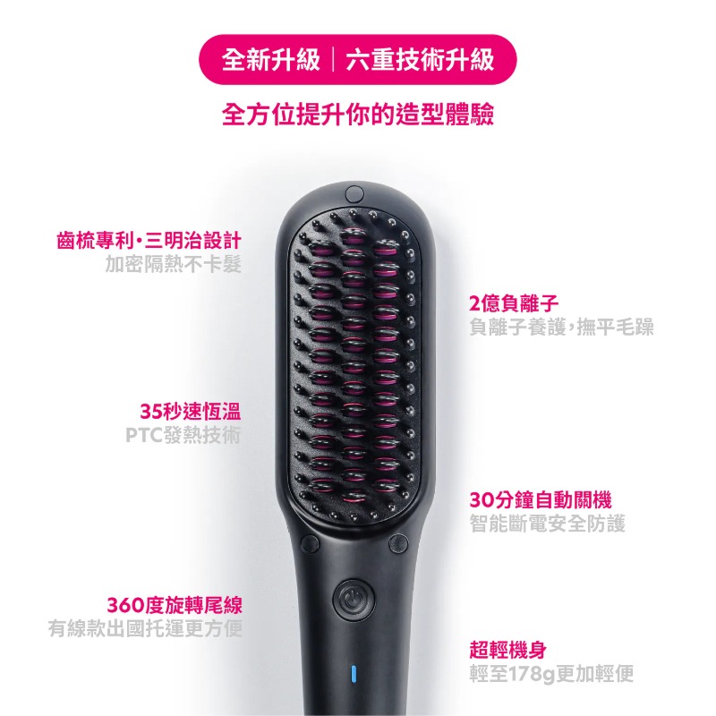 TYMO IONIC MINI-BLACK 負離子直髮梳(黑色/粉色)-細節圖4