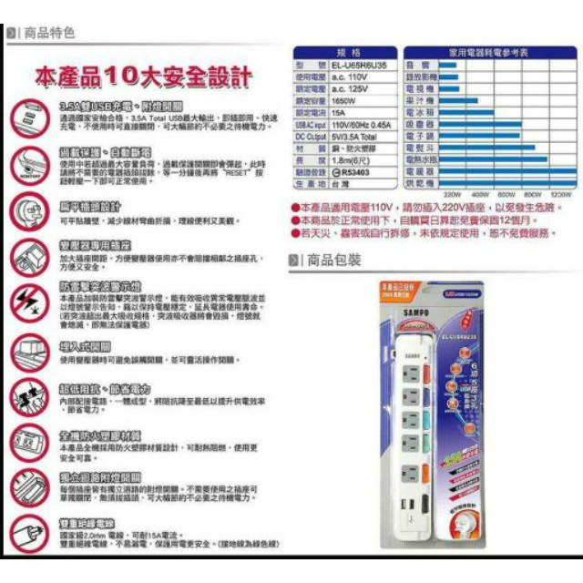 現貨 聲寶 SAMPO 台灣製造 6切5座3孔 5尺 6尺 2.1A 3.5A 雙USB 1.5M 1.8M 延長線-細節圖3