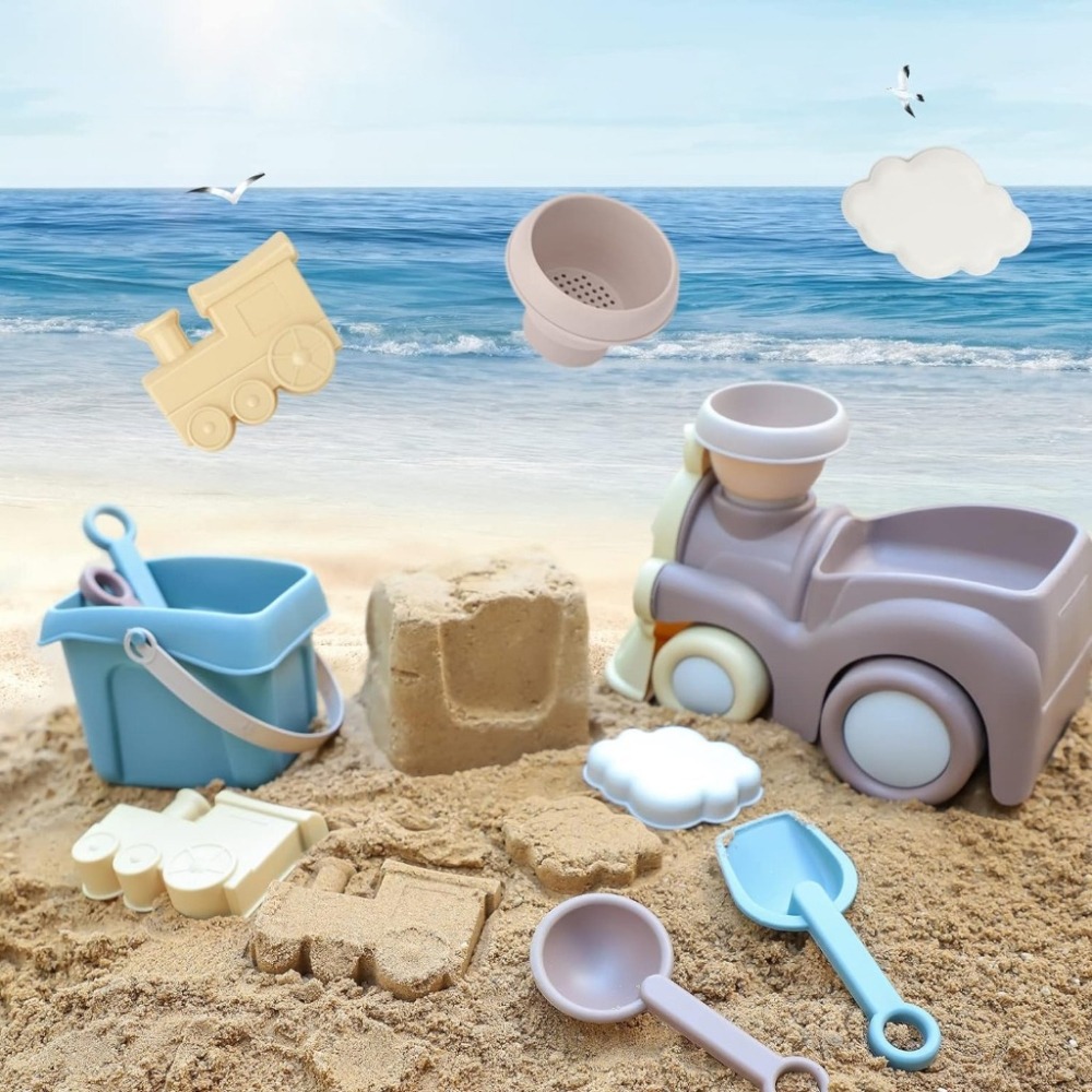 北歐小火車 沙灘八件組 沙灘玩具 玩沙工具 挖沙工具 海邊 ins風 日本兒童沙灘小火車玩具-細節圖4