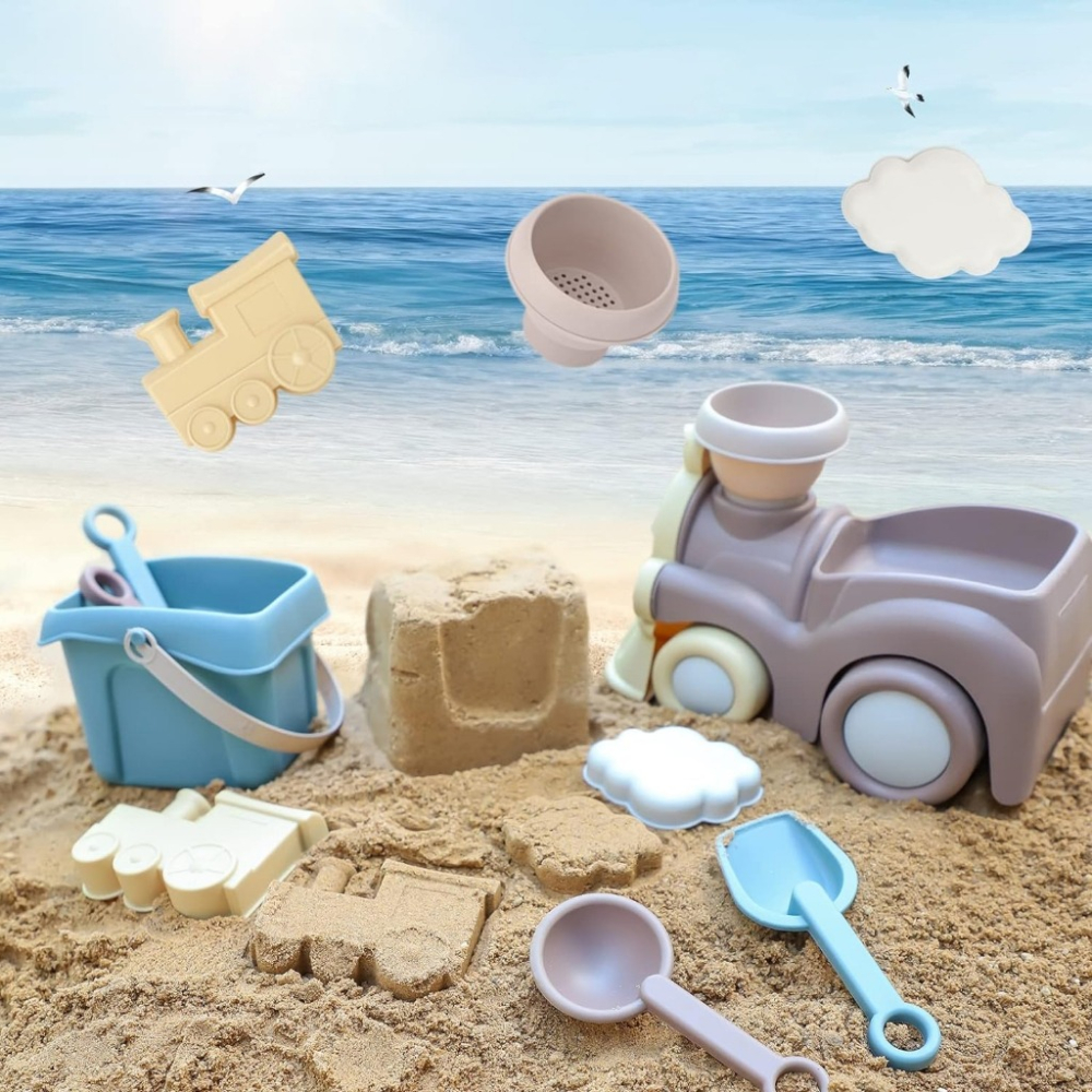 【快速出貨】北歐小火車 沙灘八件組 沙灘玩具 玩沙工具 挖沙工具 海邊 ins風 日本兒童沙灘小火車玩具-細節圖4