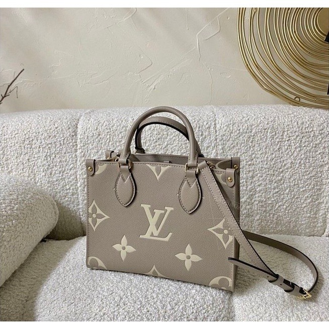 LV ONTHEGO PM 斑鳩灰 配 奶油 皮革 小型 兩用 購物包 M45779-細節圖2