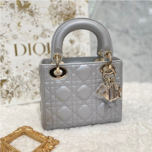 Dior MINI LADY 蛋白石 灰色 珠光 藤格紋 金鏈 迷你款 黛妃包 手提包