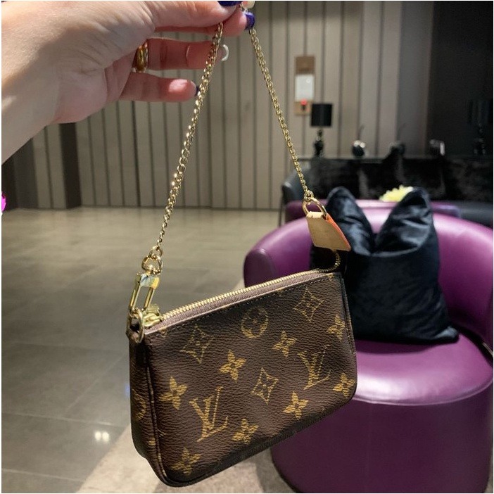 LV 老花 字紋 咖啡 Mini 迷你 拉鍊 金練 萬用包 小麻將包 M58009-細節圖3