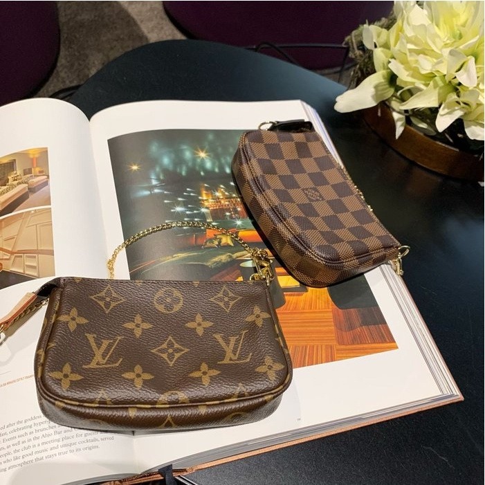 LV 老花 字紋 咖啡 Mini 迷你 拉鍊 金練 萬用包 小麻將包 M58009-細節圖7